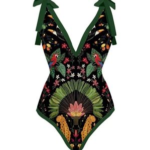 XL Vintage Print Plunge One Piece Women's Swimwear - Brand New!